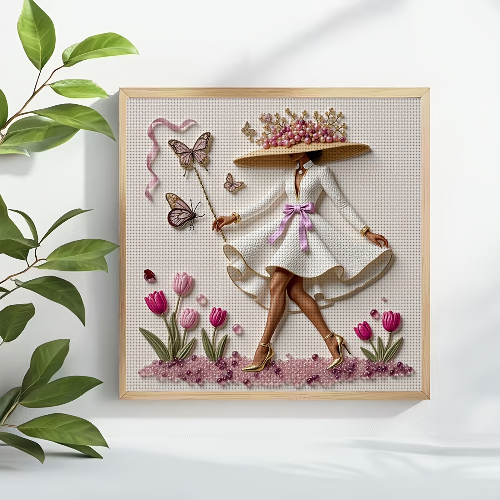 Cross Stitch Printed Kit, Frameless, "White Dress with Pink Flowers" Pattern