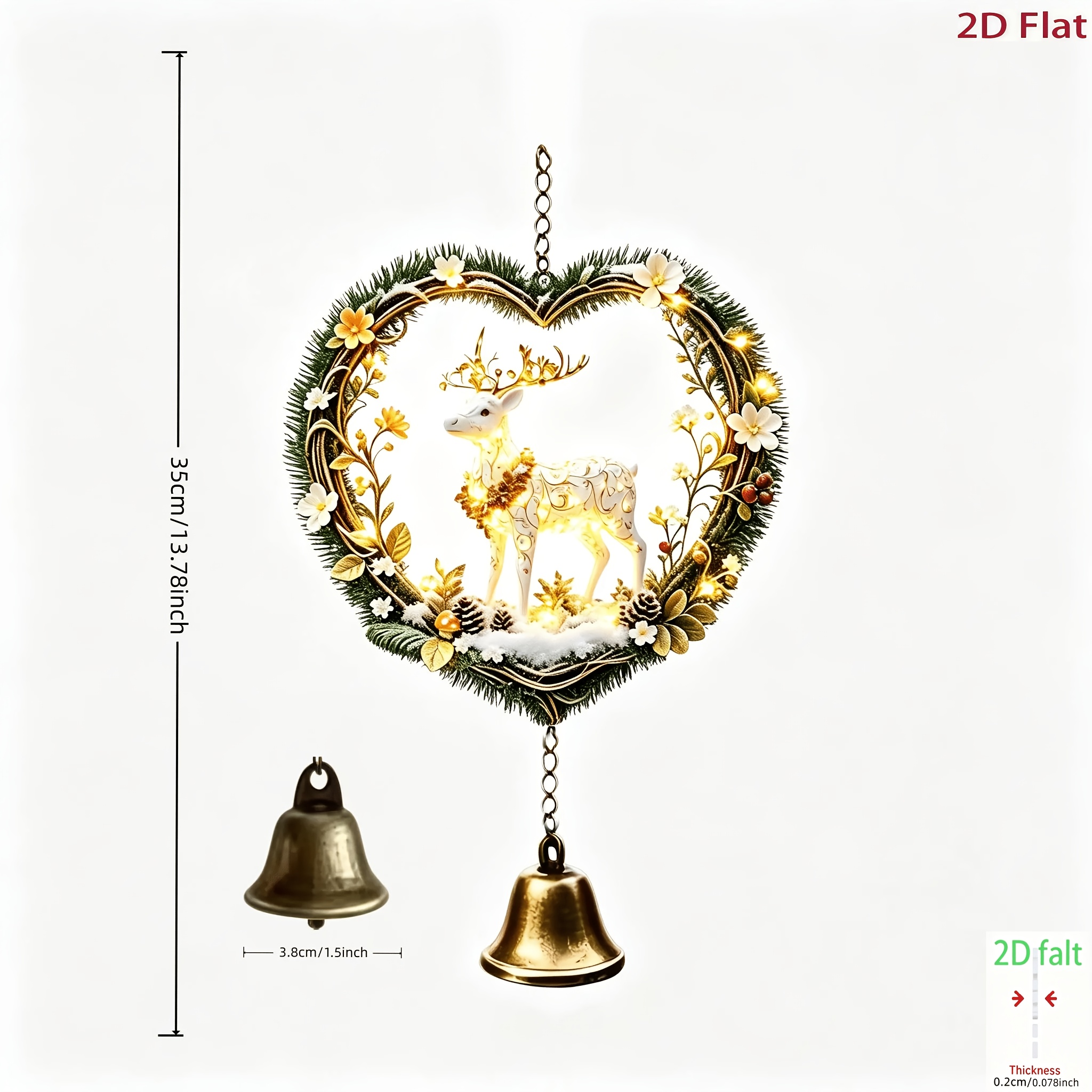 TEMU Carillon Éolien de Noël de Cœur avec , Bauge Artisanale à Suspendre, Branches de Pin, de Neige, Bordure de Cœur de Fruits avec Motif de Doré,