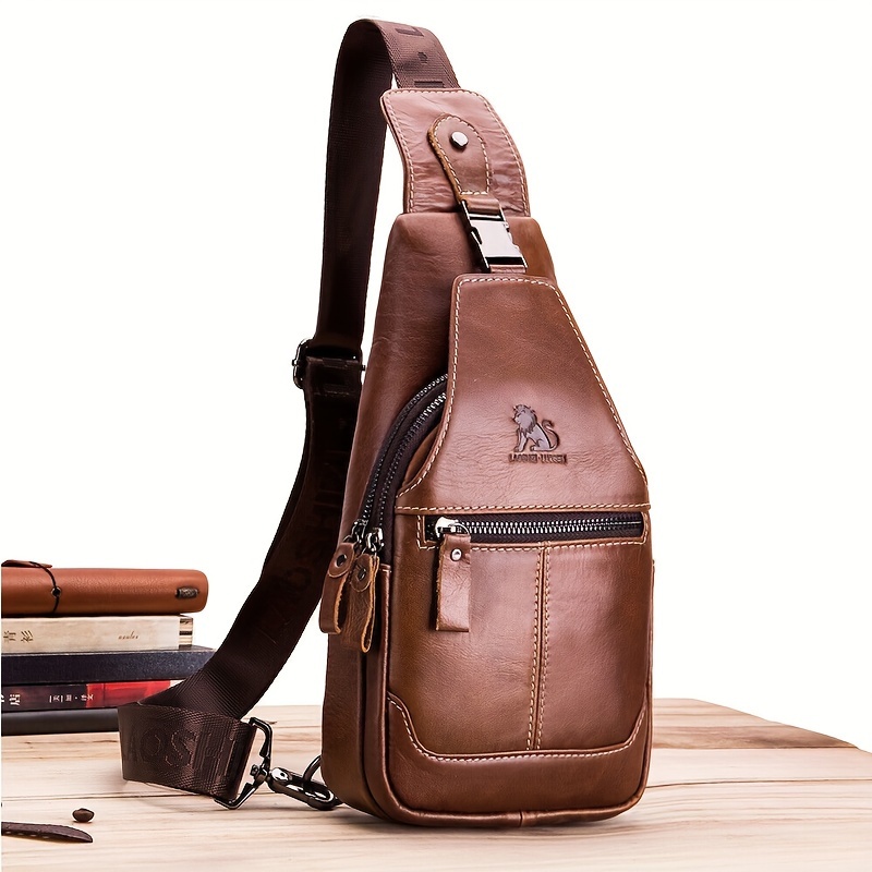 genuine leather chest bag for men women multi pocket crossbody sling bag with adjustable strap lightweight for daily   casual   crossbody purse secure zipper closure
