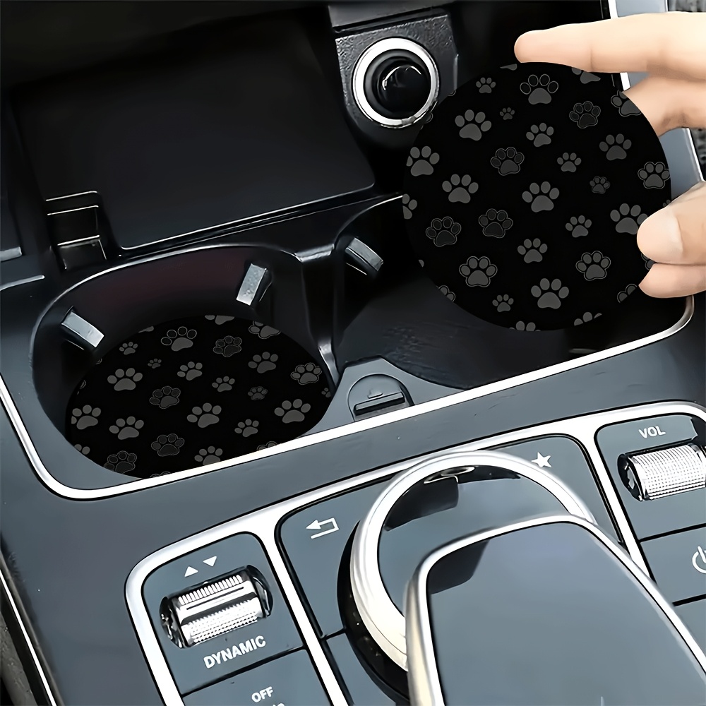 TEMU 2pcs Set Of Car Coasters With Gray Paw Print Patterns On A Black Background, Non-slip, Durable, And Easy To Clean, Suitable For Cup Holder