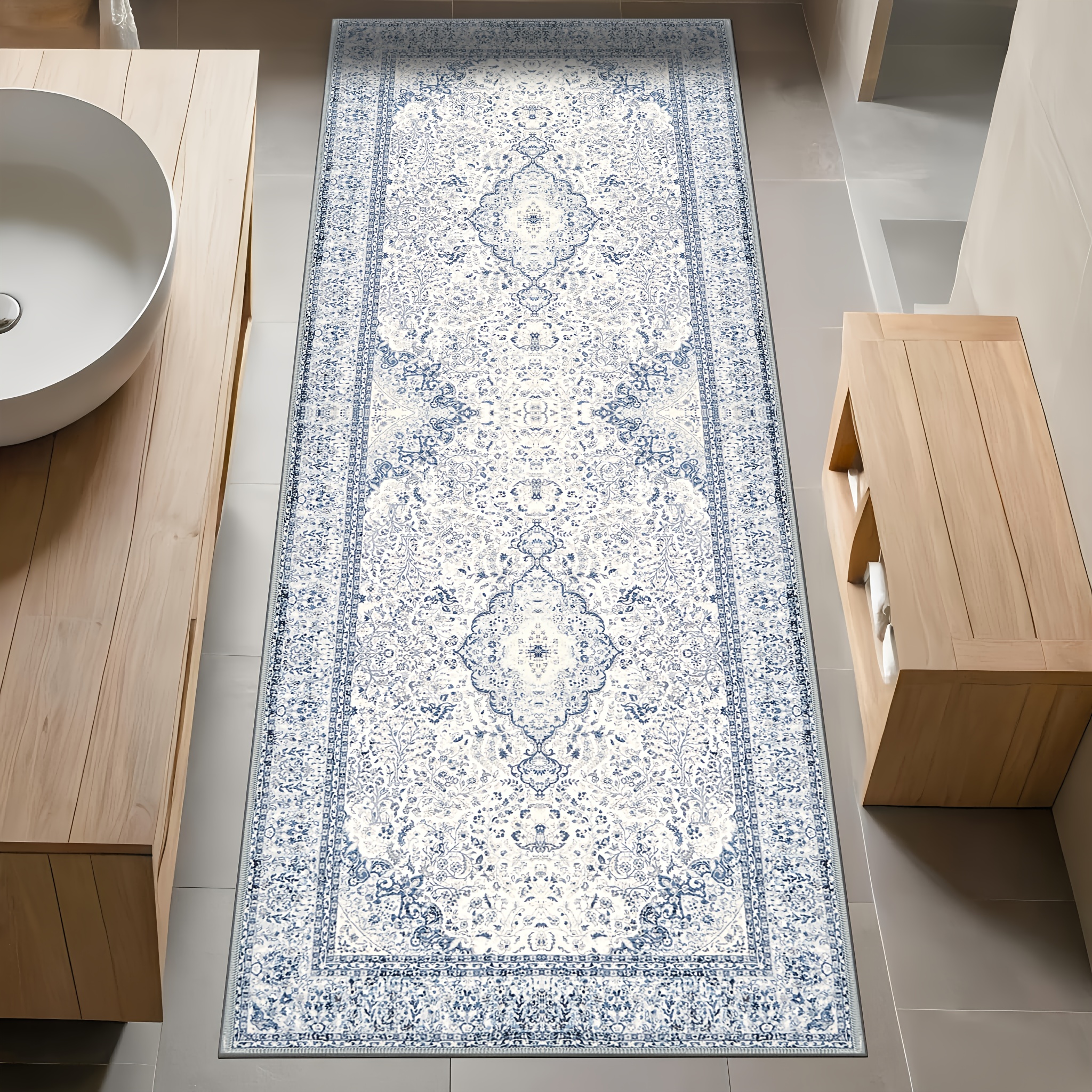 TEMU Vintage Porcelain Style Machine-washable Non-slip Runner Rug - Low Pile Lightweight Area Carpet For Indoor Hallway, Entryway, Kitchen, Indoor