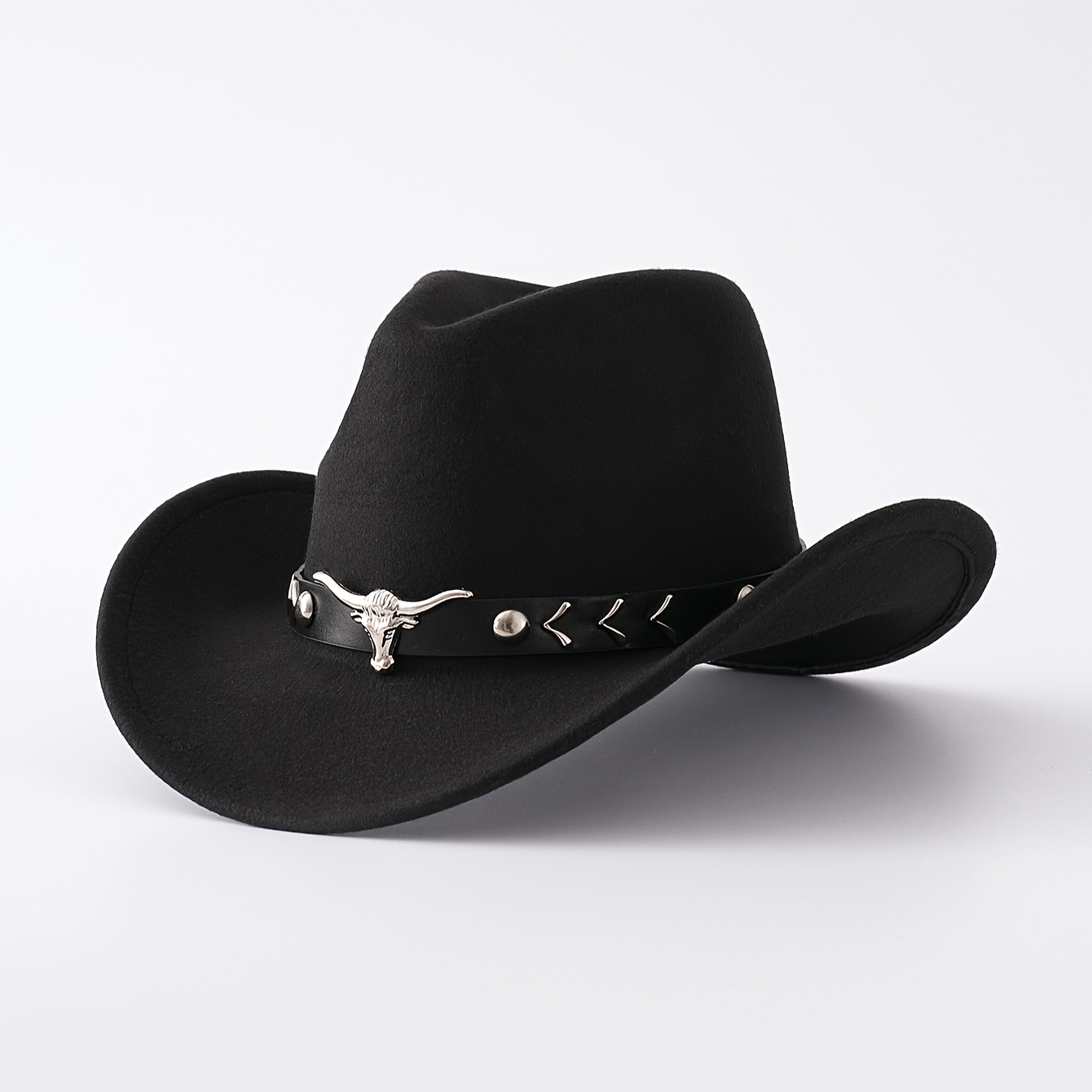Black Cowboy Hat with Bull Headband Black Straw Cowboy Hat with Long Horn Concho - Milani Hats  main image 4