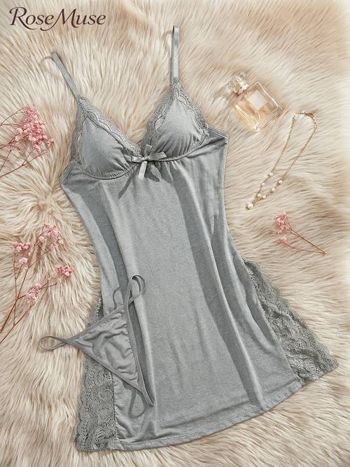 1set 2pcs pure desire lace nightgown for women bow tie split cami sleepwear dress with adjustable straps and deep v neckline thin breathable fabric for summer homewear hot lingerie outfit for romantic evenings