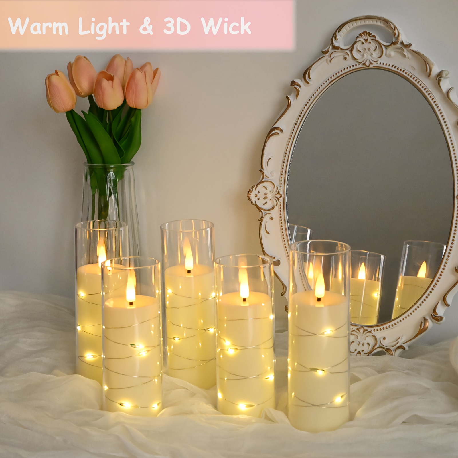 8 Stuks Flikkerende Vlamloze LED Kaarsen met Ingebouwde Feeënlichtsnoer,