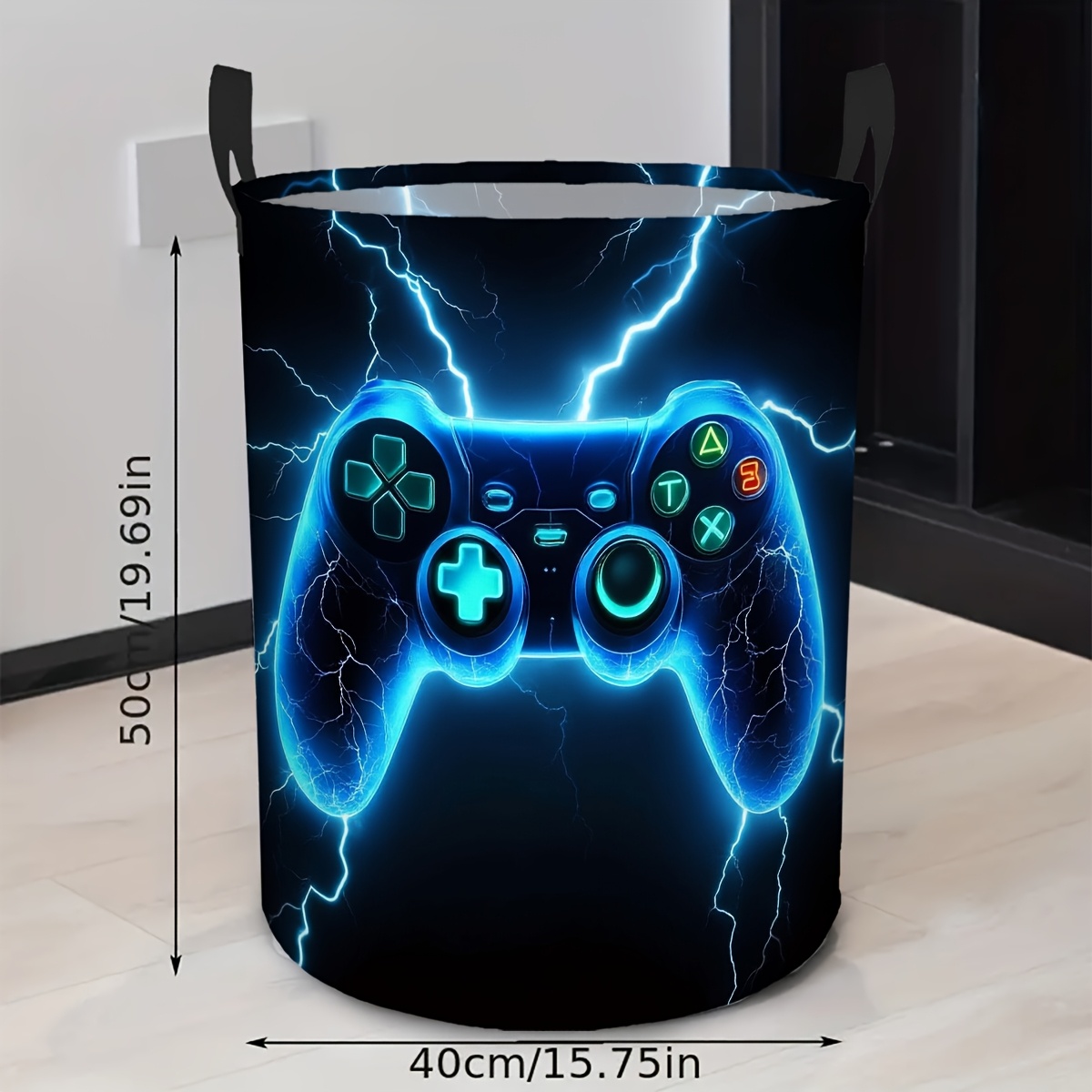 TEMU 1pc Gaming Lightning Hamper - Foldable Laundry Basket & Storage Organizer Bin With Controller-like Design, Space-saving Round Clothes Bin For ,