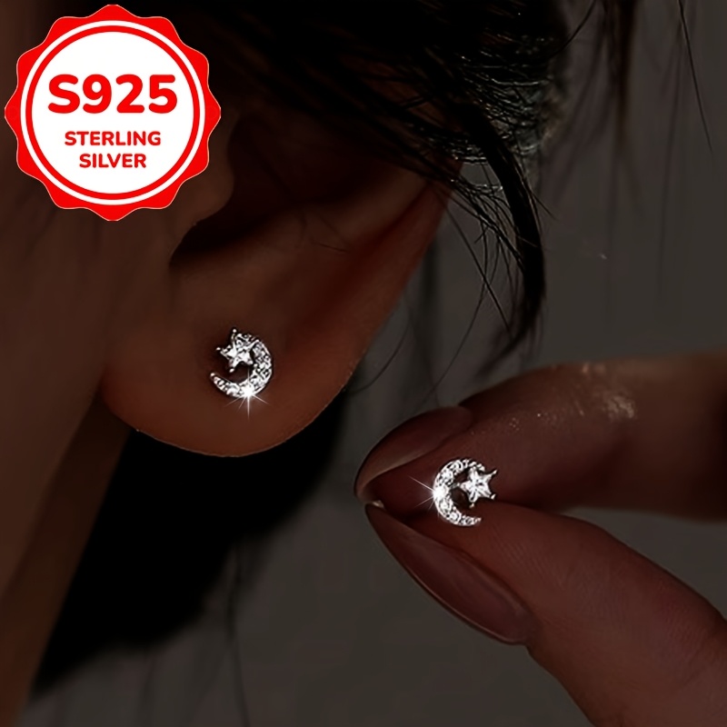 2pcs Women's S925 Silver Bling Star Moon Earrings Set