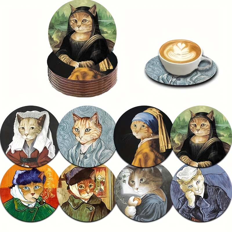 E-shop 8 Stück Weltberühmte Katze, Kätzchen Holzunterlage-Set, Teetassen-Matte, Kaffee-Tassen-Matte, geeignet für Zuhause und Esszimmer, Geschenk für