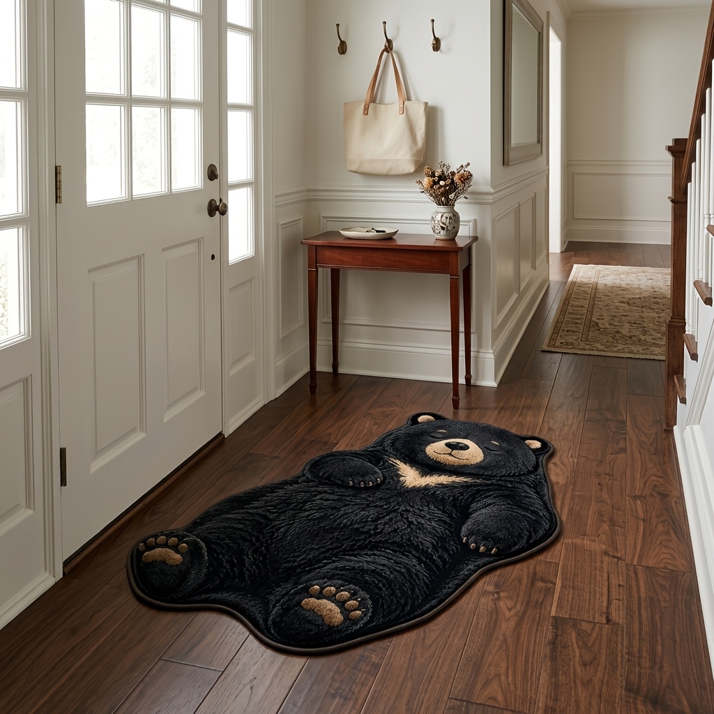 TEMU 1 tapis de bain antidérapant en velours 850G/M² 7Mm, tapis à poils courts imprimé 2D, motif d'ours noir, tapis sur le thème de de noir, convient