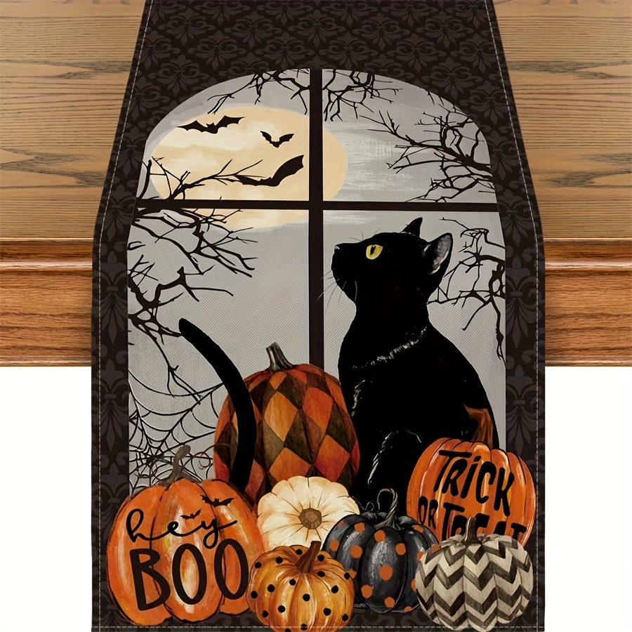 

1-piece Table Runner - Black Cat Pumpkin Holiday Decoration Table Runner, "trick Or Treat" Kitchen Dining Table Decoration, Suitable For Decor 13x72 Inches.