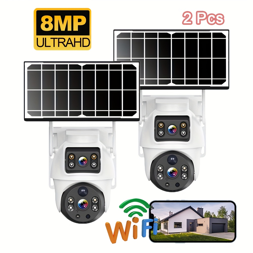 TEMU 2pcs 8mp Outdoor Wifi Solar Dual Lens Camera, Pir Humanoid Detection, 2 Way Audio, Night Vision, Motion Detection, For Home Security