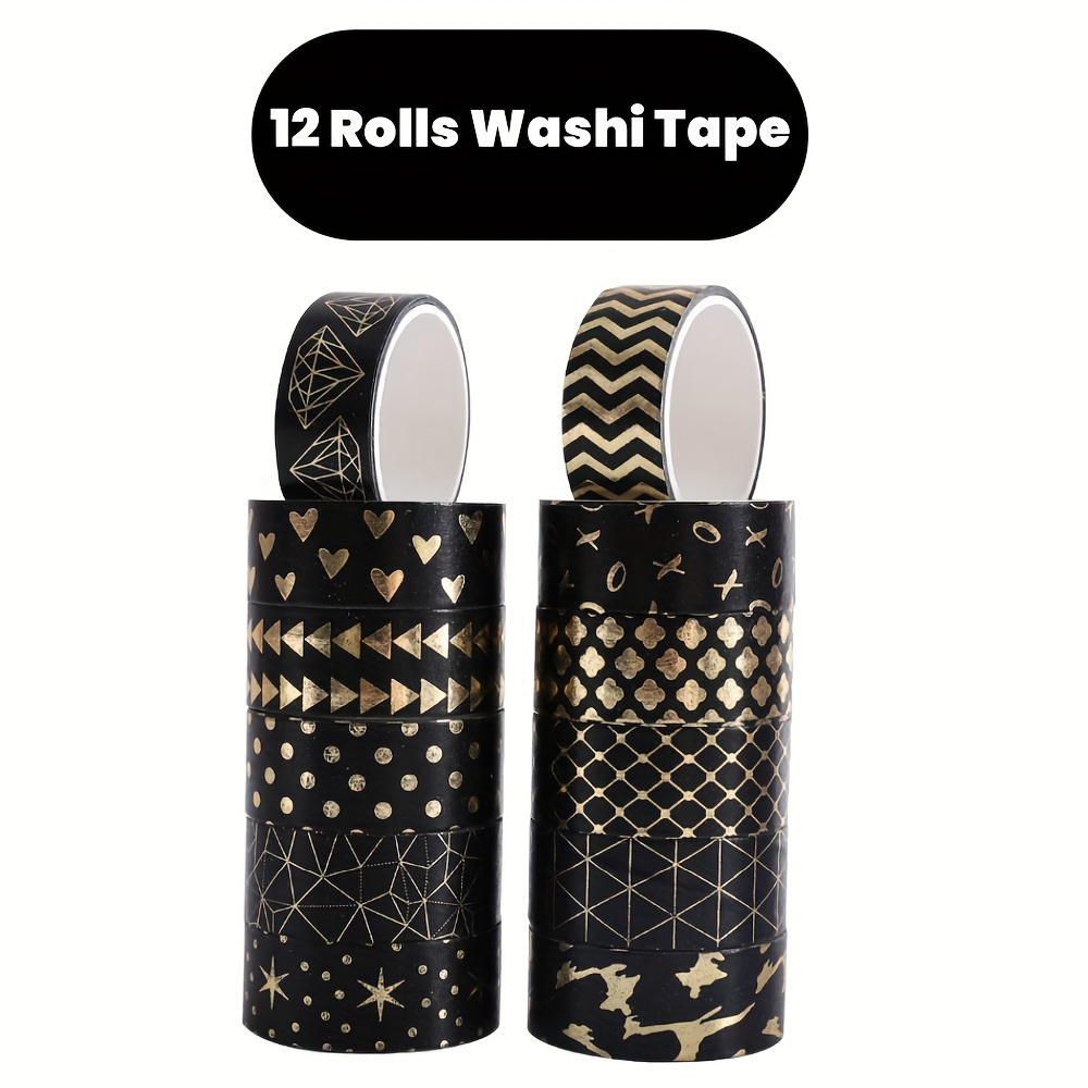 

12-pack Black Golden Washi Tape Set - Decorative Paper Adhesive Tape For Diy Crafts, Bullet Journals, Planners, Scrapbooking, 15mm X 2m With Assorted Patterns