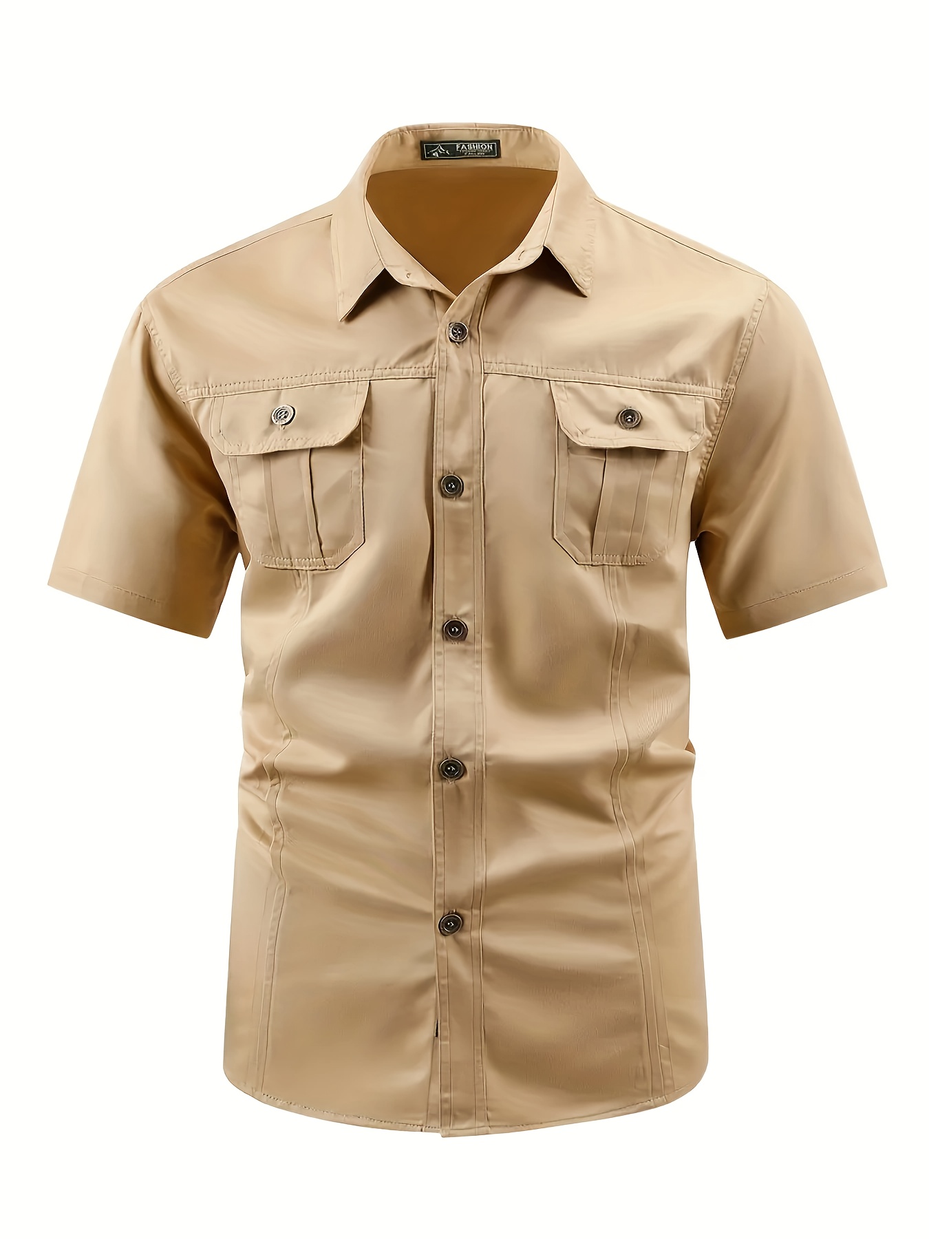 mens casual cargo short sleeve shirt with button pockets solid color non stretch fabric regular fit for weekend casual wear