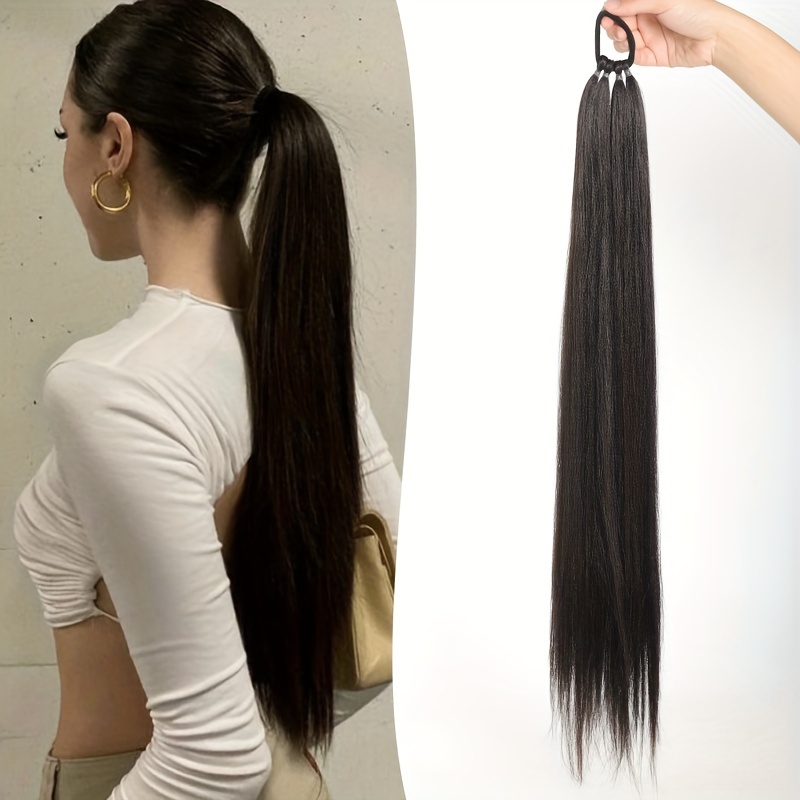 

28 Inch Synthetic Long Straight Ponytail Extension Winding Boxing Braid With Rubber Band Hair Ring Diy