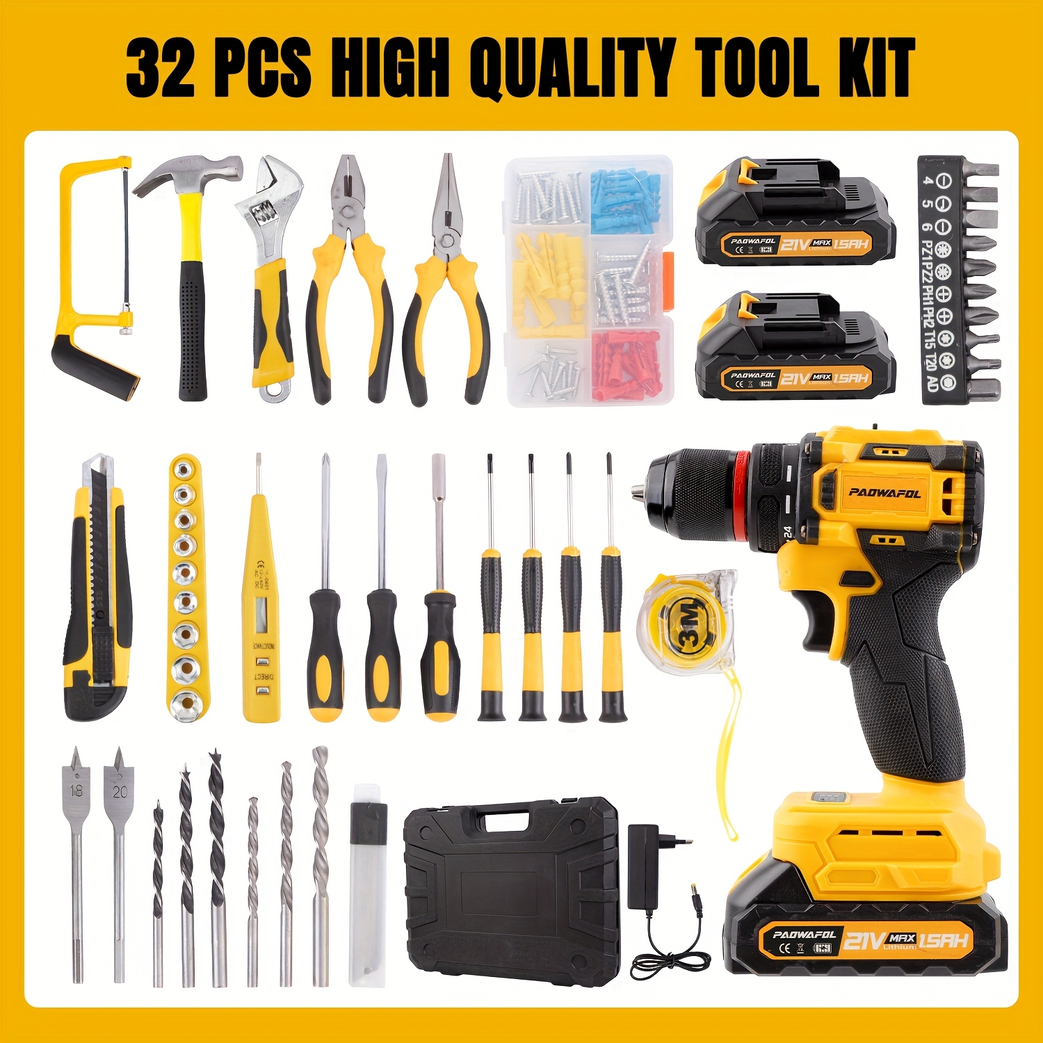 kit de herramientas eléctricas   - taladro inalámbrico con 2 baterías de 2x1,5ah, múltiples accesorios para mejoras  ,   y portátil, ideal para proyectos diy, kit de mejoras  |conjunto de taladros versátiles|taladro de plástico   Detalles del producto 0