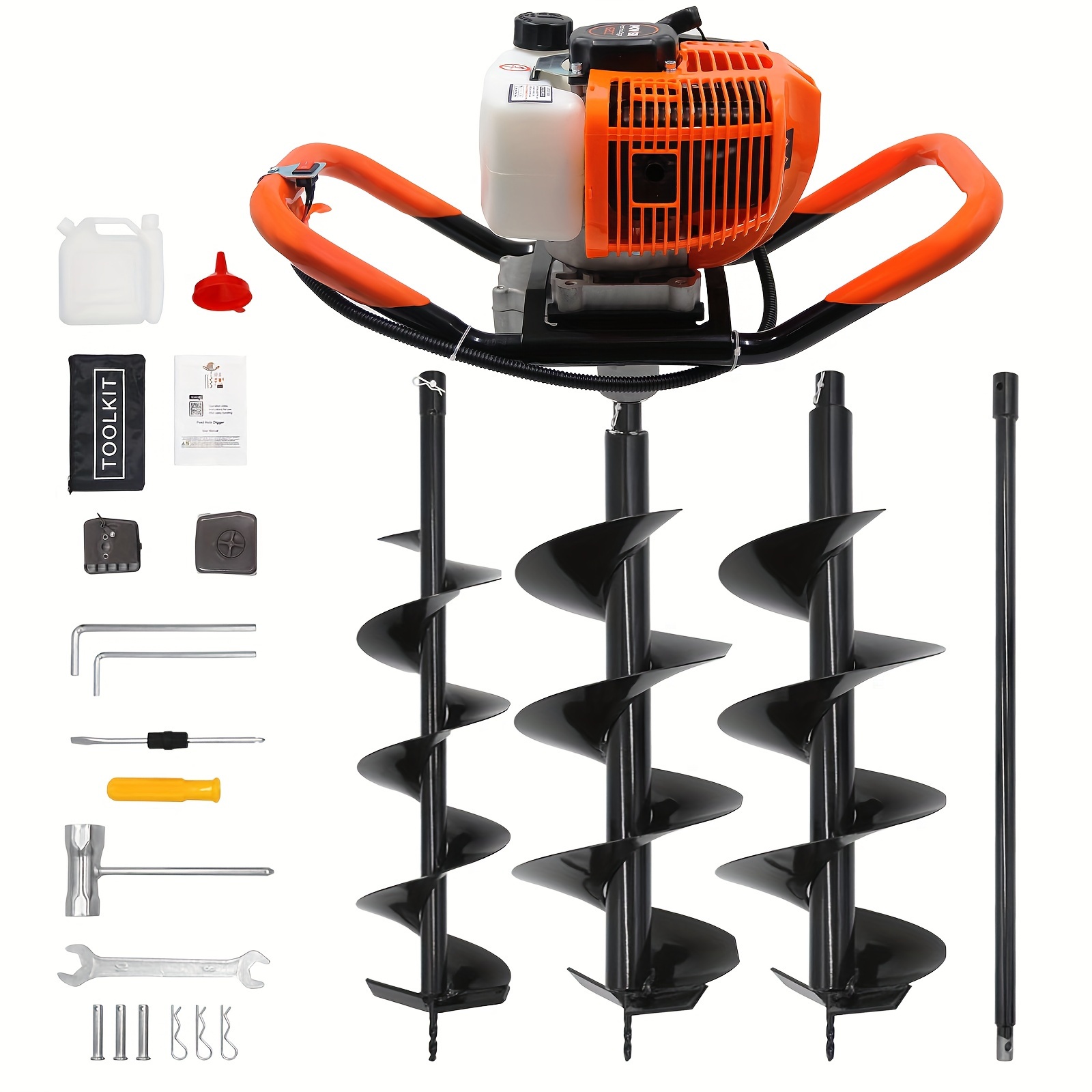 TEMU 62cc Auger Post Hole Digger, Gas Powered Earth Post Hole Digger With 2 Auger Drill Bits (6" & 8") + 1 Extension Rods For Farm Garden Plant,
