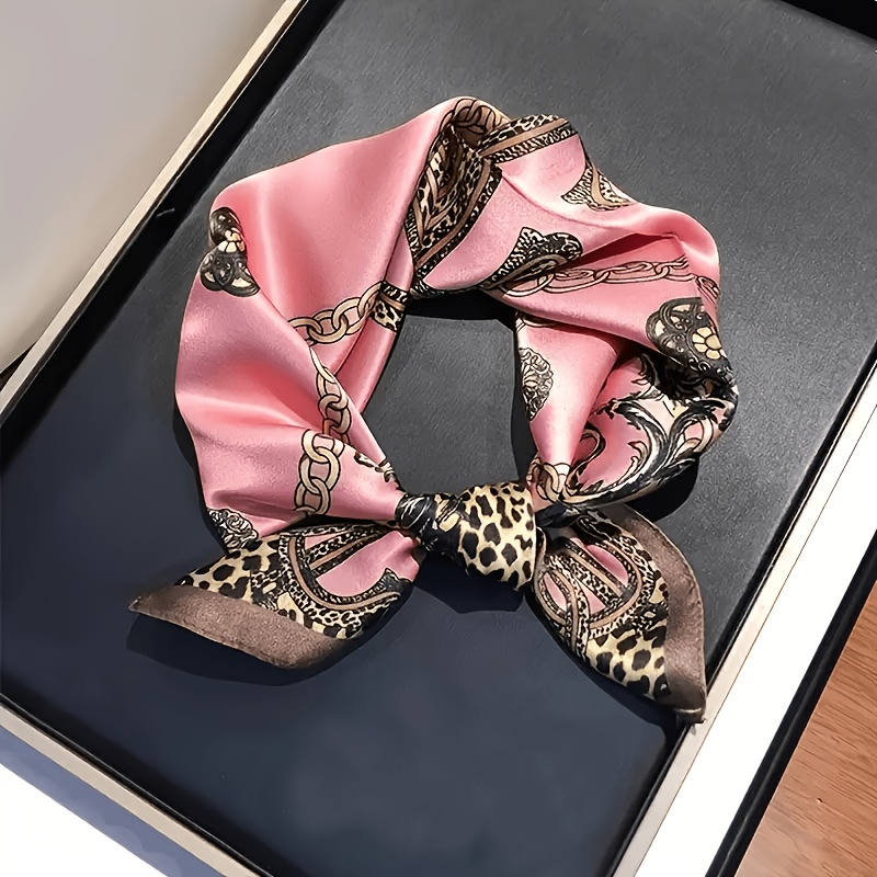 TEMU New 70 Square Scarf, Elegant Pink Leopard Print Design, Fashionable And Versatile, Suitable For Spring Summer Autumn, Daily Commuting, Beach