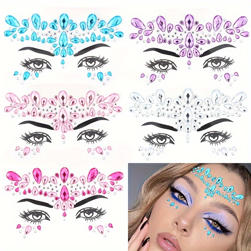 

5pcs Facial Faux Crystal Stickers, Glitter Stickers For Performances, Parties, Makeup, And Decorative Accessories, Glue-free For Music Festival