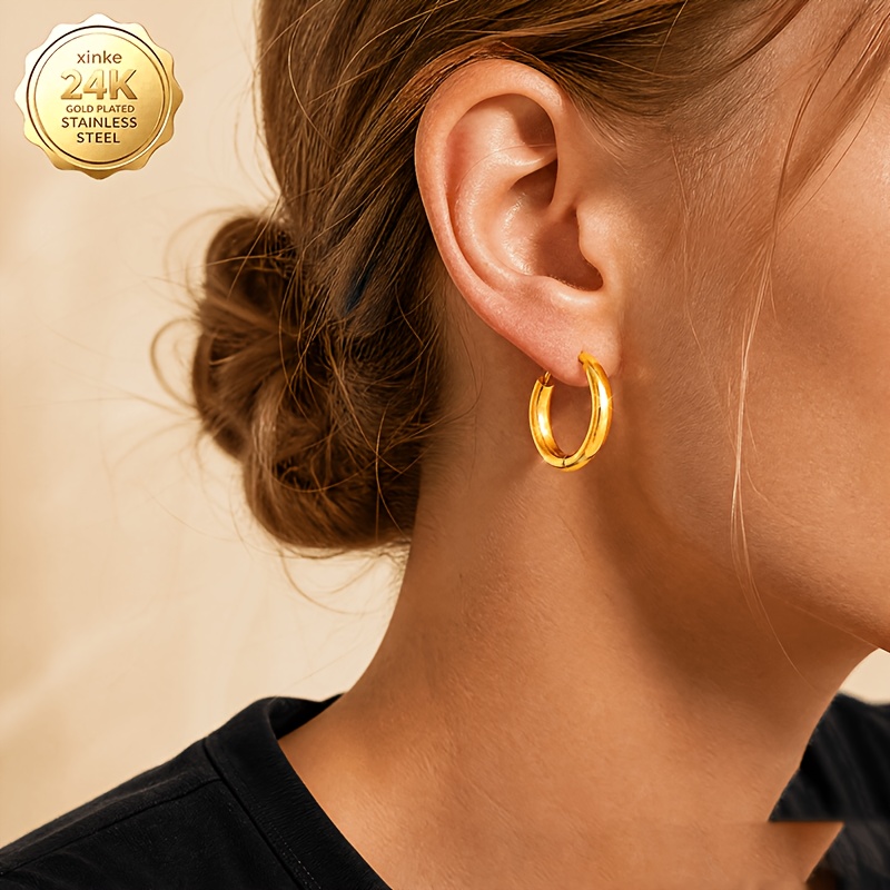 TEMU 1 Pair 24k Golden Plated High-quality Women's Earrings, Scratch And Fade Resistant, Low-allergy Ear Needles, Elegant Fashionable Style Unisex