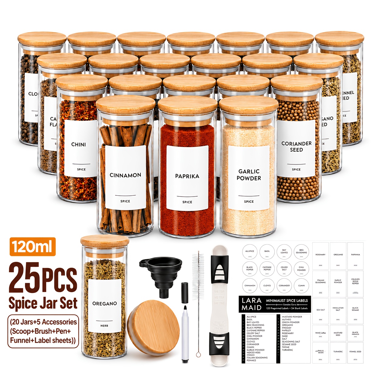 TEMU Ensemble complet de 25 pots à épices en verre, 20 pots à assaisonnements en verre de 120 ml (4 oz) avec couvercles et 5 accessoires de cuisine