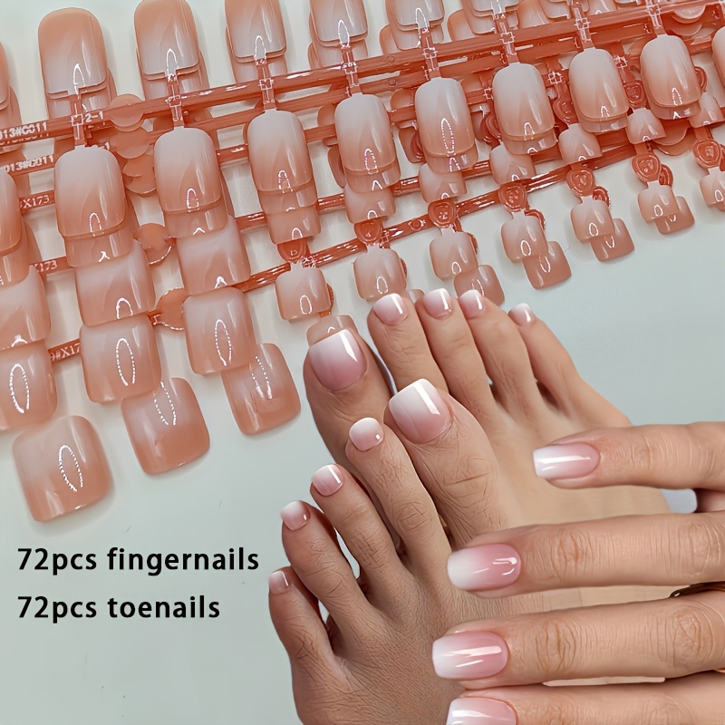 Your Style With 144pcs Short Square Fingernail + Toenail Combination Set, Spring/summer White French Gradient Basic Nail Pieces, Full Coverage Fake Set, Includes 3pcs Jelly Glue, 3pcs Nail File