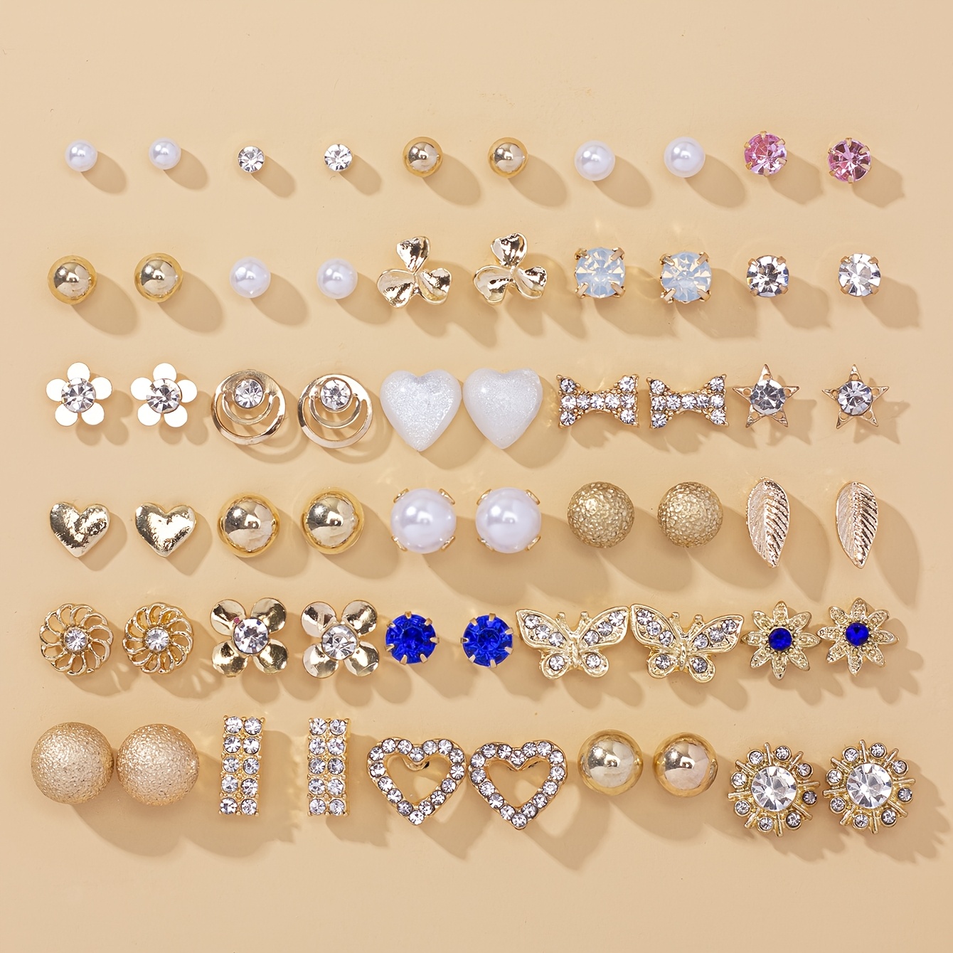 TEMU A Set Of 60pcs Cute, Fashionable, And Easy Heart-shaped Bow Flower Women's Vacation Holiday Gift Large Set Multi-piece Stud Earring Set