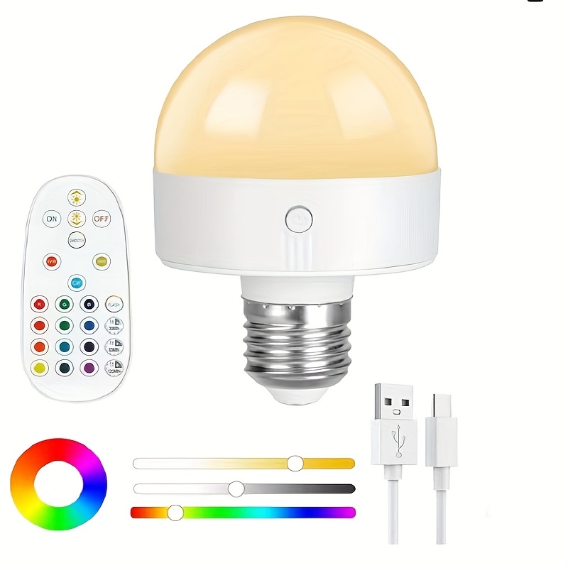 TEMU Smart Usb Rechargeable Bulb, 200lumen Rechargeable Flashlight, Wireless Bulb, Colored Wall Lamp Bulb, E26 Bulb, Suitable For Indoor Decoration,