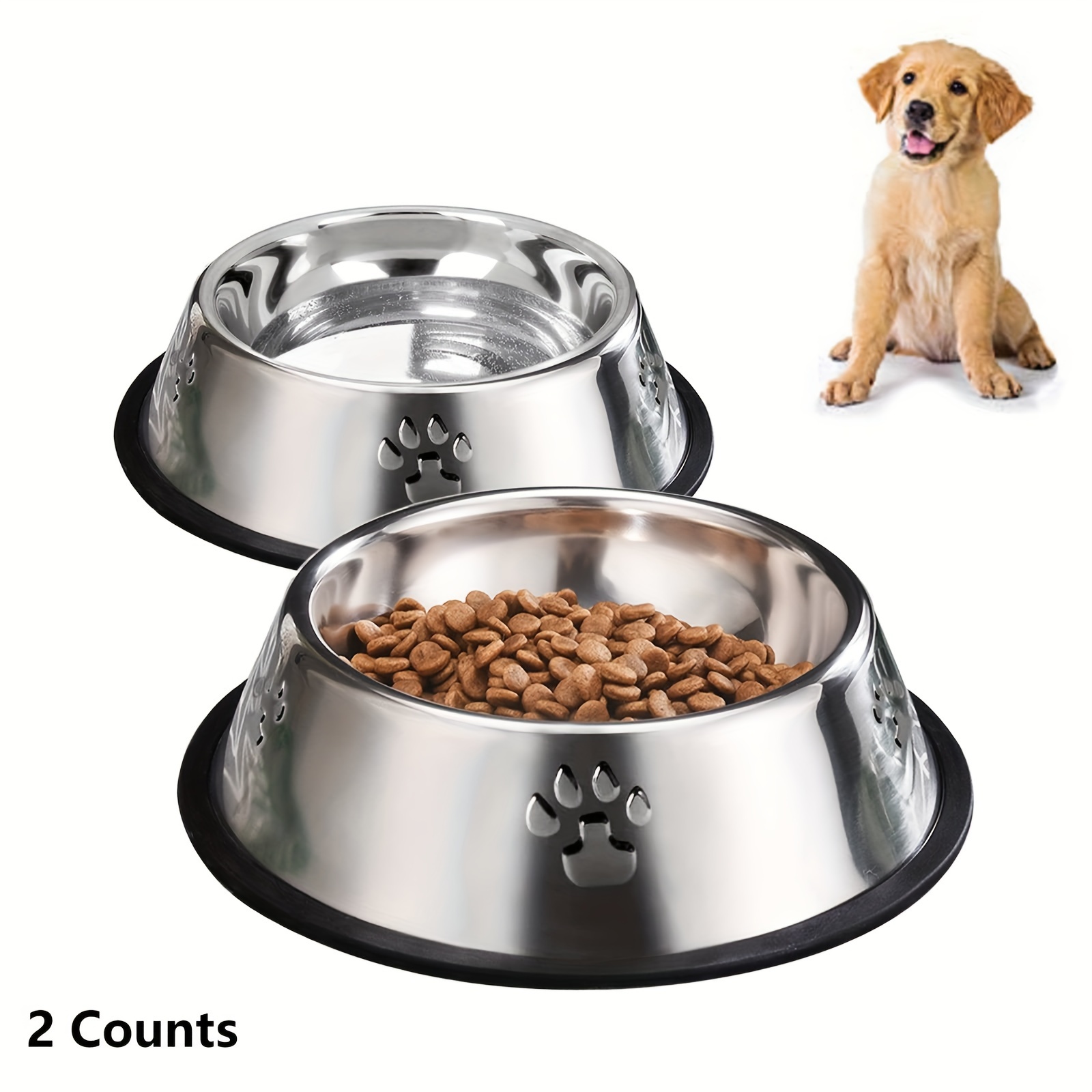 

2pcs Stainless Bowls With Paw , Non-slip Rubber Base - Feeding & Water Dishes For Small Dogs And Cats, Ideal For Food & Water, Dog Bowls For Small Dogs