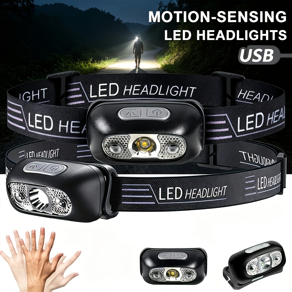 Rechargeable Motion-Sensing LED Headlamp Flashlight, Ultra-Bright Adjustable Headlamp, Portable and Lightweight Headlamp, 2 Modes, Ideal for Camping, Hiking, Fishing, Cycling