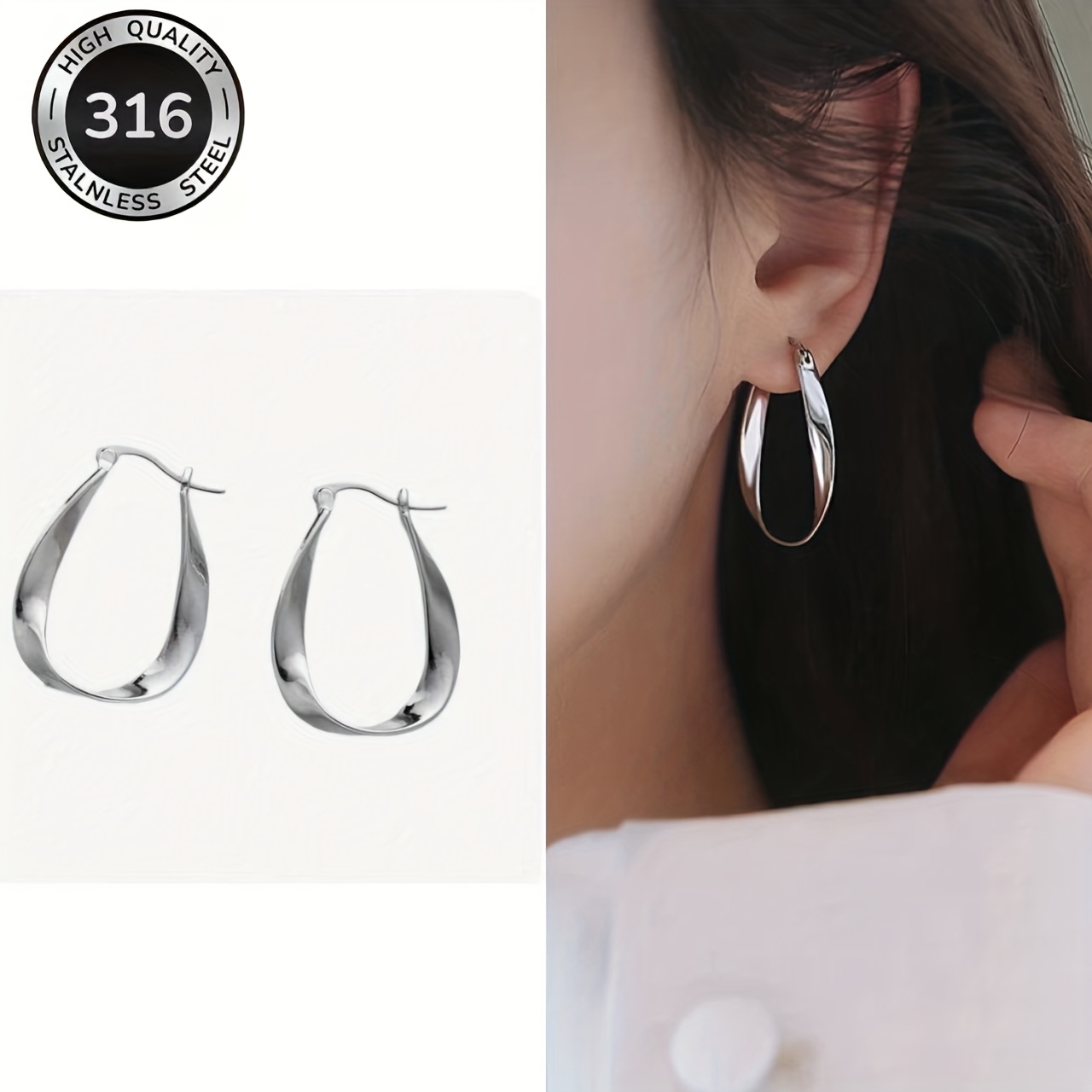 TEMU A Pair Of Simple And Elegant High-quality Stainless Steel Oval Ear New Simple Ring Women' S Earrings, Anti-allergic, Suitable For Daily