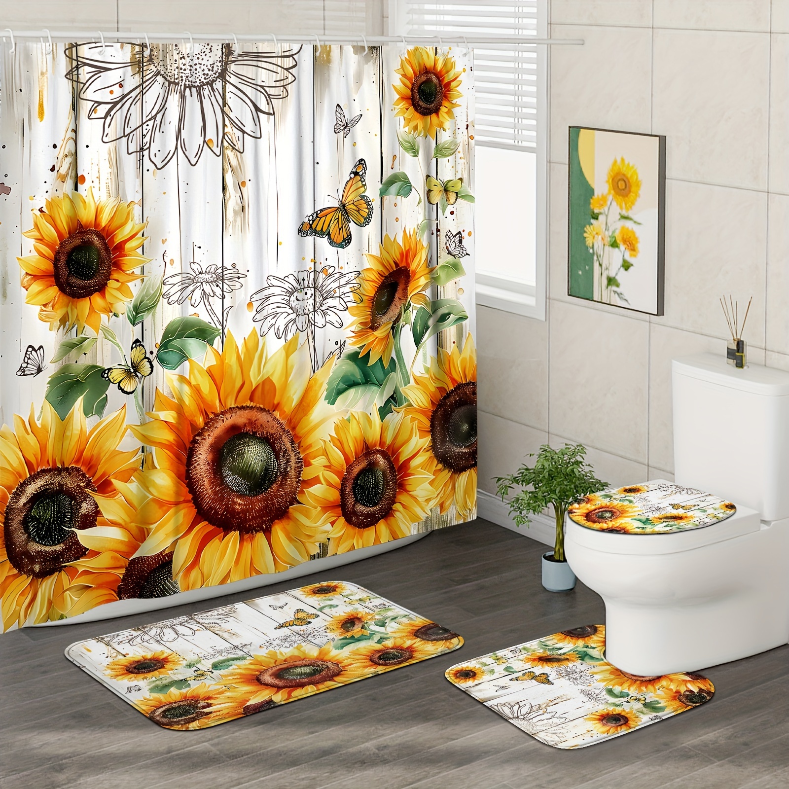 

1/4pcs Sunflower Pattern Shower Curtain Set, Shower Curtain With 12 Hooks, Non-slip Bath Mat, U-shaped Toilet Mat, Toilet Mat, Bathroom Decor Accessories