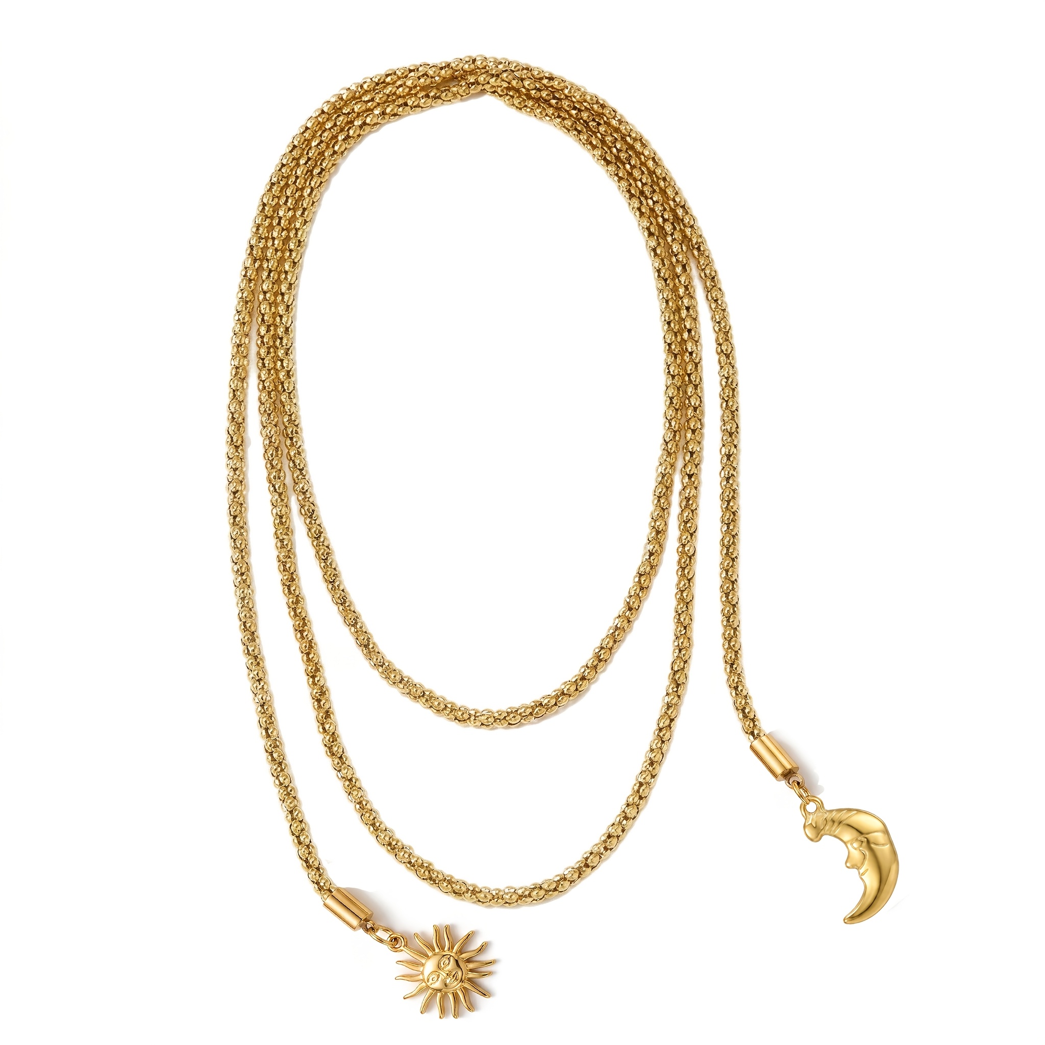TEMU 1pc Sun Moon Pendant Long Sweater Necklace For Women, Golden Stainless Steel Mesh Popcorn Chain Necklace, Adjustable Wrap Necklace, Mother's Day