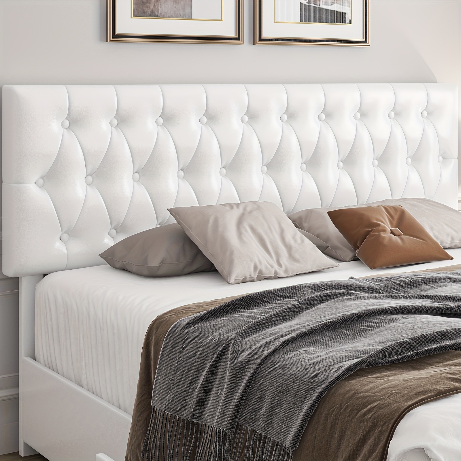 Modern Upholstered Bed Frame with 4 Storage Drawers, Platform Bed Frame with Button Tufted Headboard, Solid Wooden Slat Support