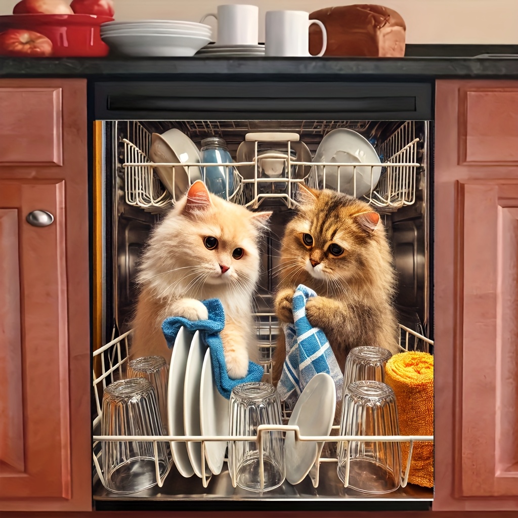 Image of 2d Flat Dishwasher Wall Sticker | Featuring 2 Cats Cleaning Dishes In Bowl Rack, Easy-to-clean, Suitable For Kitchens, Home Dishwashers, And Refrigerators, Made Of Plastic, Contemporary Style