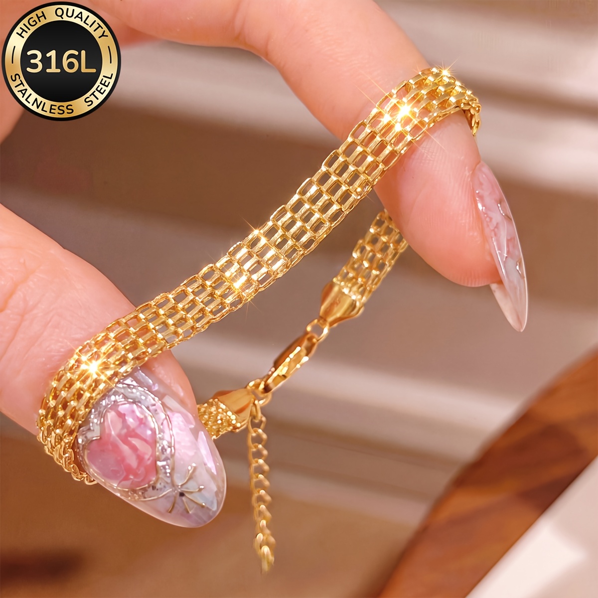 TEMU 1 Fashionable And Elegant High-quality Woven 316l Stainless Steel Bracelet For Women, Waterproof And , Suitable For Daily Wear And As A Gift For