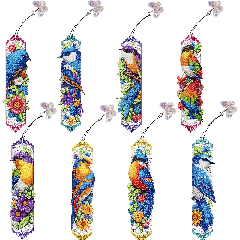 TEMU 8pcs Marque-page de dessin diamant, Style oiseau coloré, Effet diamant mosaïque PET brillant, Motif double face, Convient comme cadeau pour , de