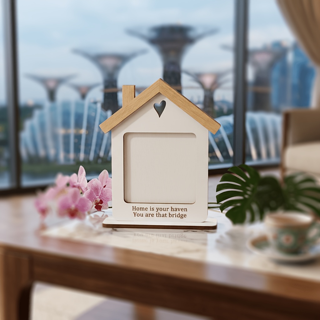TEMU Adorno de de fotos de madera, versión de foto personalizable, con forma de casa, una pieza de decorativa de escritorio para , oficinas y , con