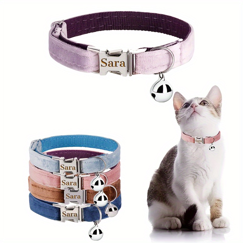 

Custom Engraved Velvet Cat Collar With Name Plate & Bell - Adjustable, Durable Nylon Id Collar For Cats - Personalized & Phone Number