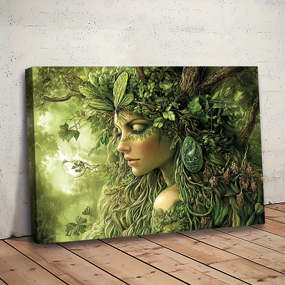 TEMU 1pc Nature Goddess Canvas Wall Art - 29.97x39.88cm, Forest Scene With Floral Crown & Female Figure, Detailed Artwork For Bedroom & Living, ,