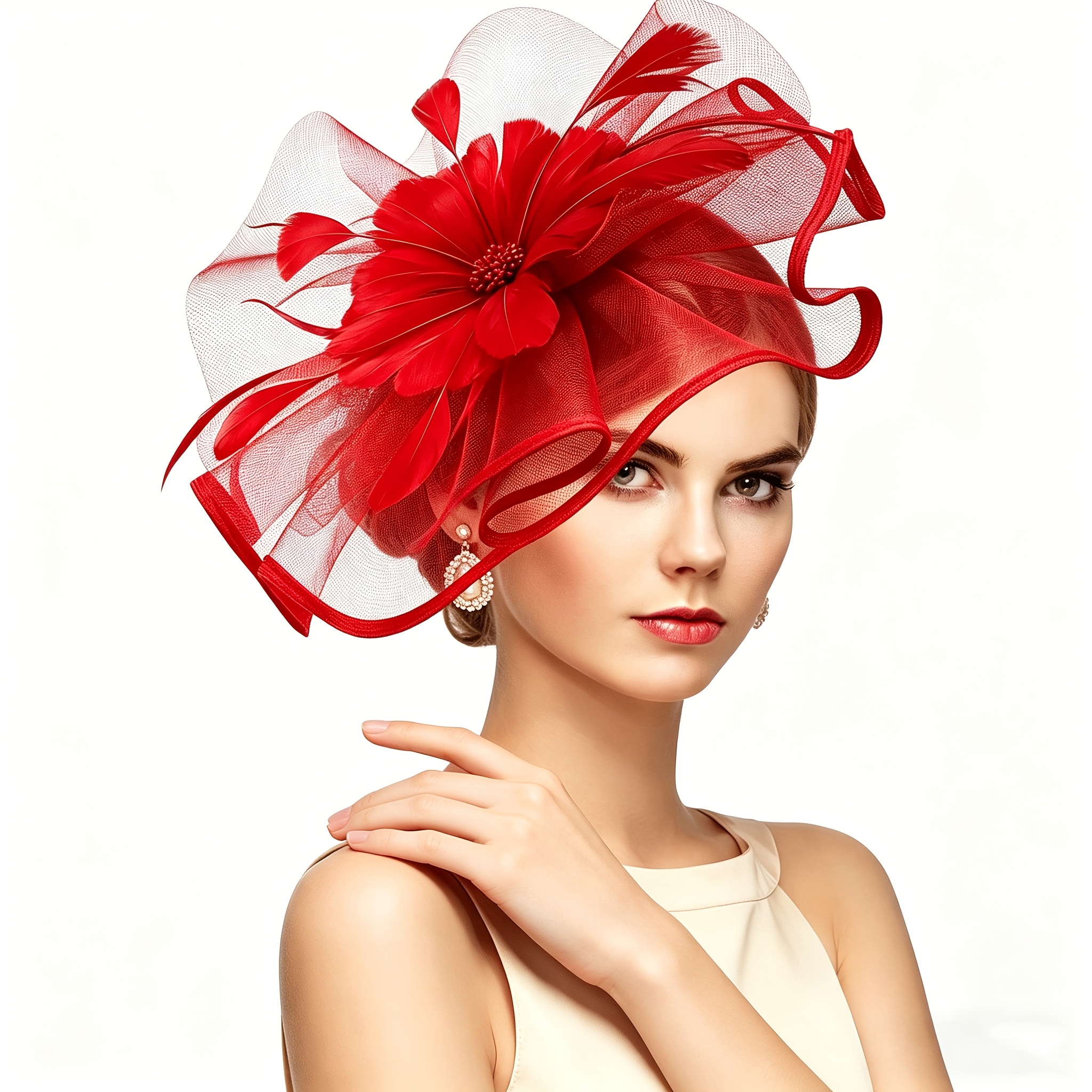 TEMU 2026 Mesh Kentucky Headpiece Flower Hat, With Flowers And Feathers, Women's Style - Vintage Tea Party Hat, No Gloves