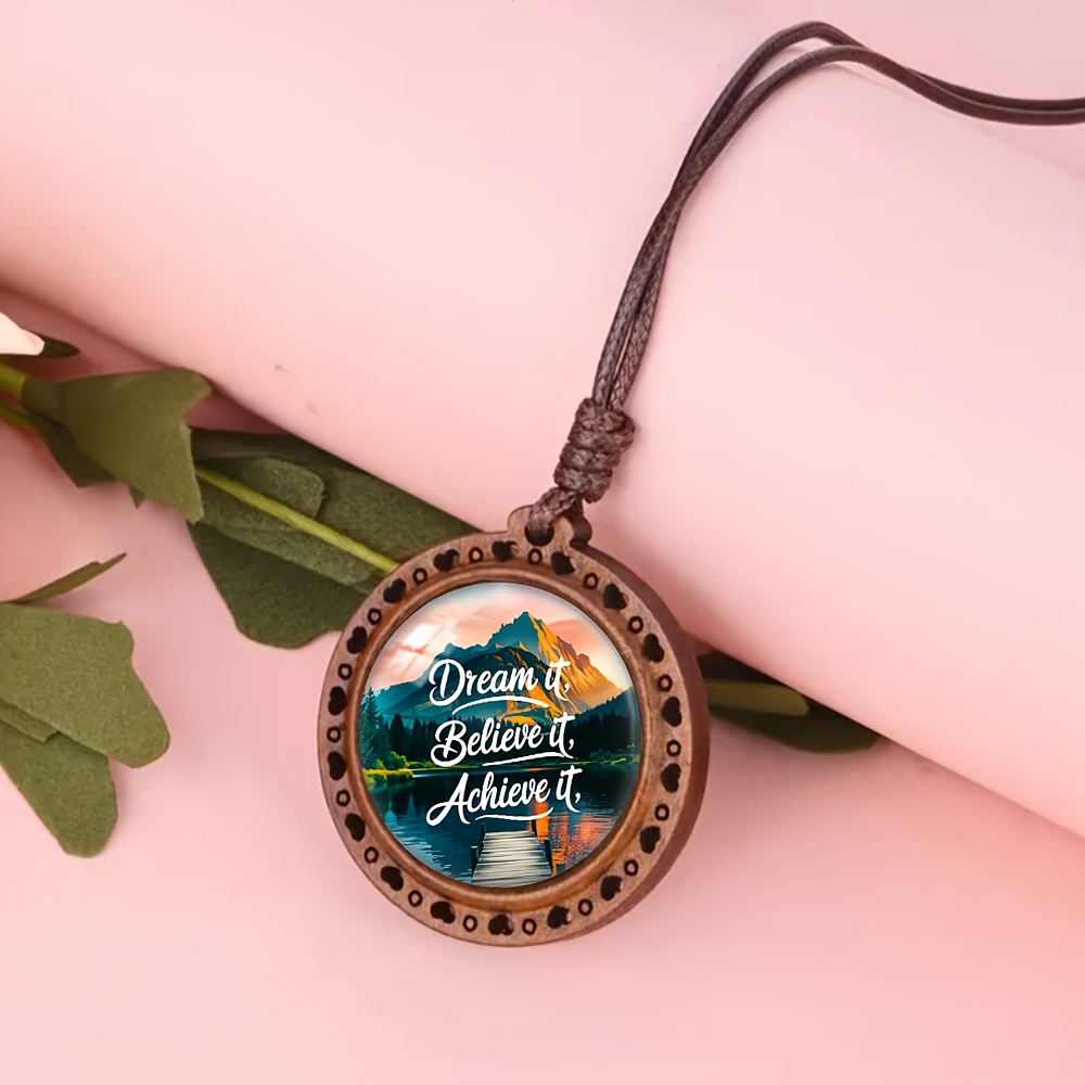 Mountain Lake Scenery Heart-Shaped Wooden Necklace, Cute Accessory