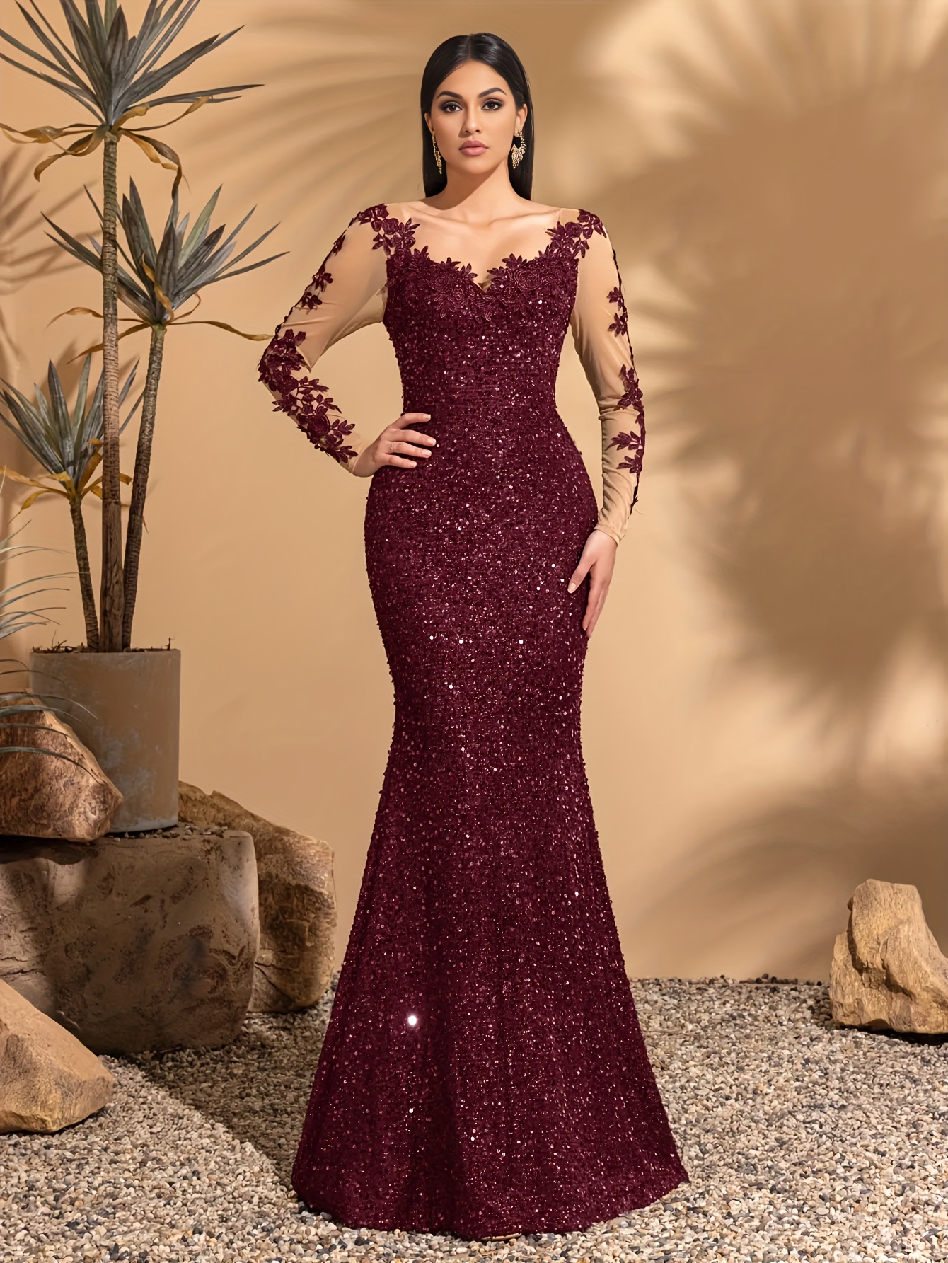 women's elegant v neck sleeve mermaid evening gown floral Temu