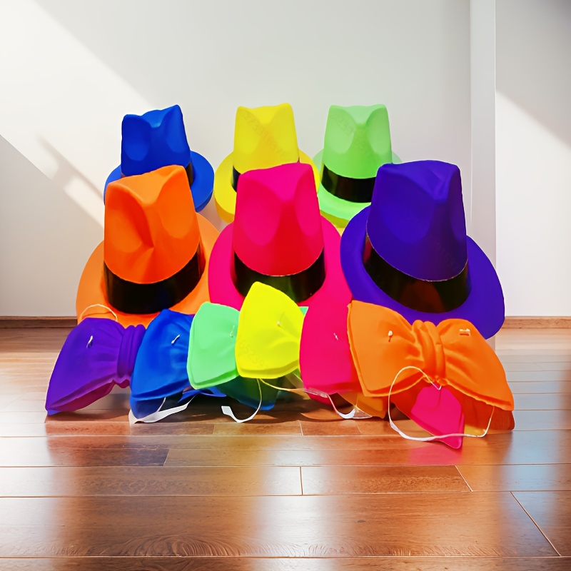 

12pcs Set Of Colored Thickened Pvc Top Hats With Matching Large Bow Ties --- Suitable For Celebration Outfits And Parties, Stage Performances, Birthdays,