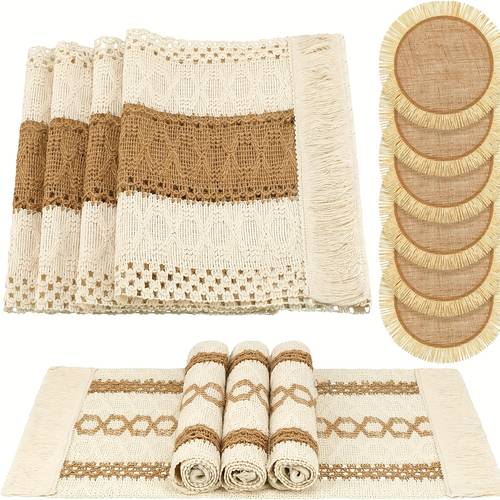 13pcs boho farmhouse placemats and table runner set table with 6 sets of mats 11 8 x 78 7 inch runner fiber dining table decor rustic bohemian style durable