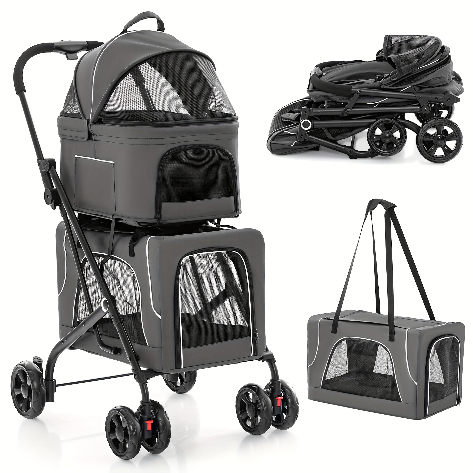 TEMU Double Pet Stroller For 2 Dogs Or Cats W/ 2 Detachable Carriers Safety Belt Gray