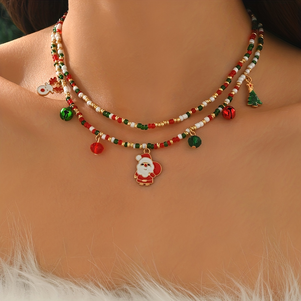 TEMU Lot de 2 superposés à perles pour femme, style bohème de Noël, double rangée, pour fête d'année, cadeau de Noël, perles plaquées rouges, vertes,