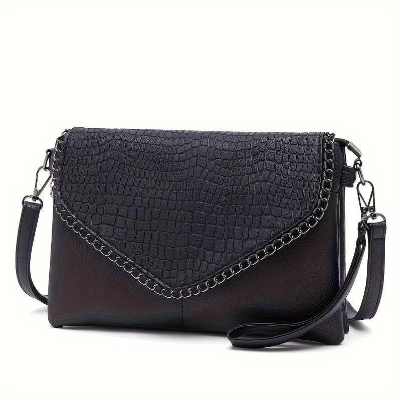 Retro Chain Decor Crossbody Bag Alligator Texture Embossed Shoulder Bag Women's Envelope Clutch Multi-compartment Handbag Lid Style