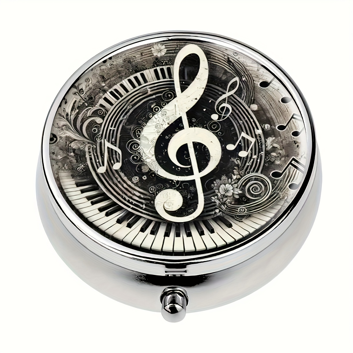 Vintage Piano And Musical Notes Round Pill Box - Three-compartment Mini Portable Pill Box With Floral Embellishment Design, Suitable For Travel And Daily Use, Elegant And Practical