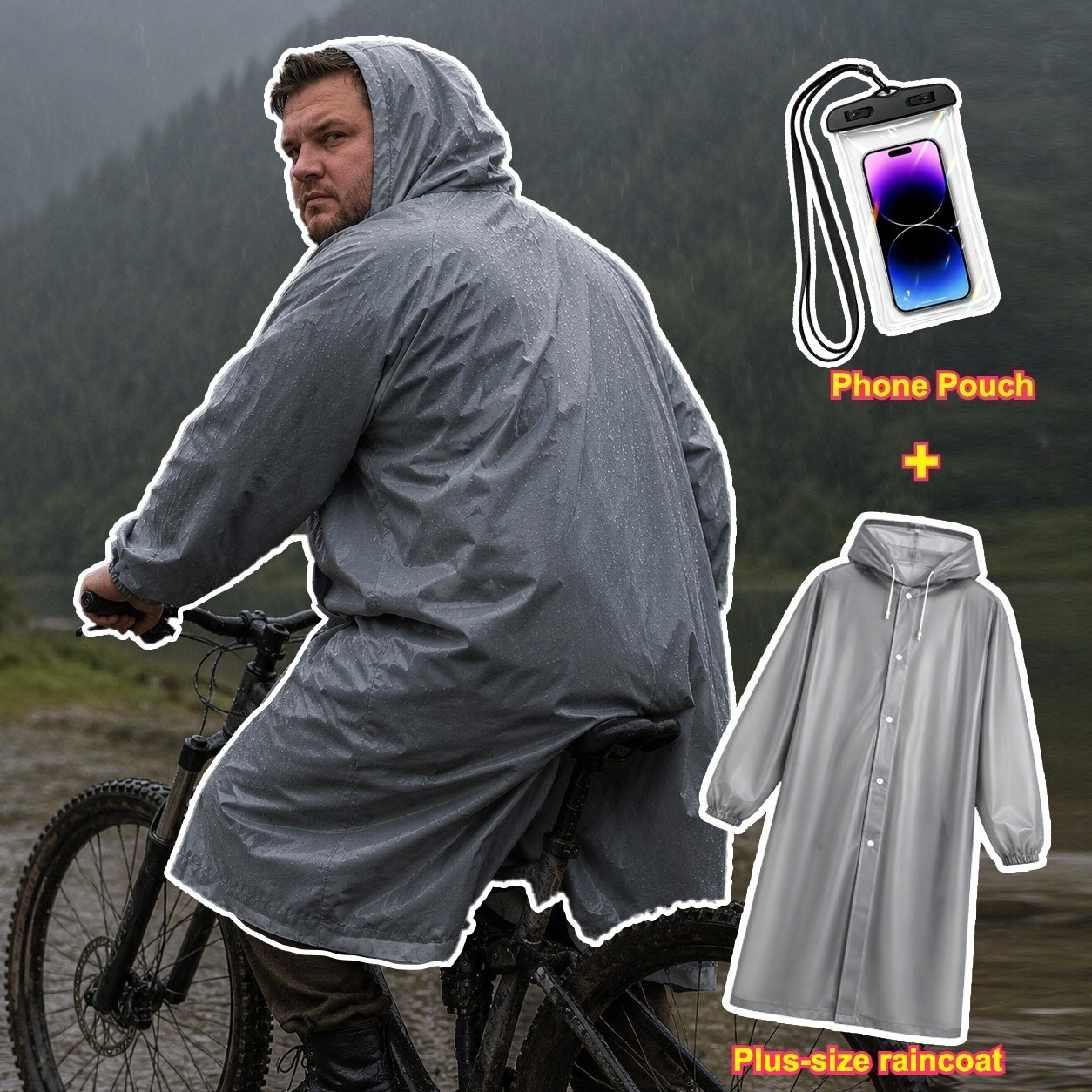 TEMU Grey Oversized Plus-size Extra-long Raincoat, Includes A Phone Pouch, Unisex, Lightweight And Reusable, With Rain And Windproof Design, Suitable