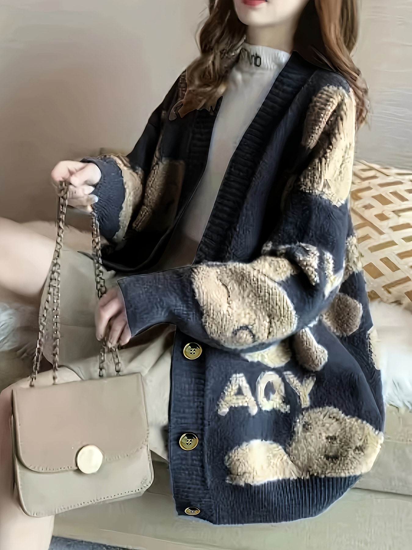 Elegant V-Neck Knitted Sweater Cardigan for Women Polyester Alphabet  Letter Pattern, Button Detail, Thickened Lazy Style Oversized Pullover for 