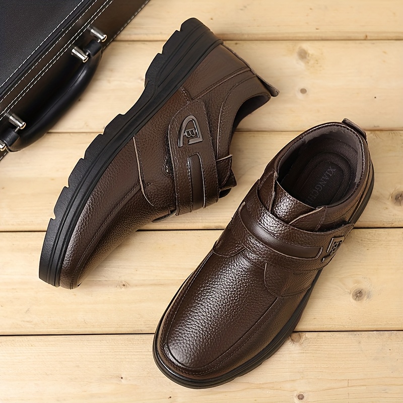 mens genuine   leather slip on loafers retro round toe non slip rubber sole soft comfortable casual business shoes with adjustable hook loop closure   versatile for outdoor daily wear shoes for men versatile footwear   durable footwear Product details 7